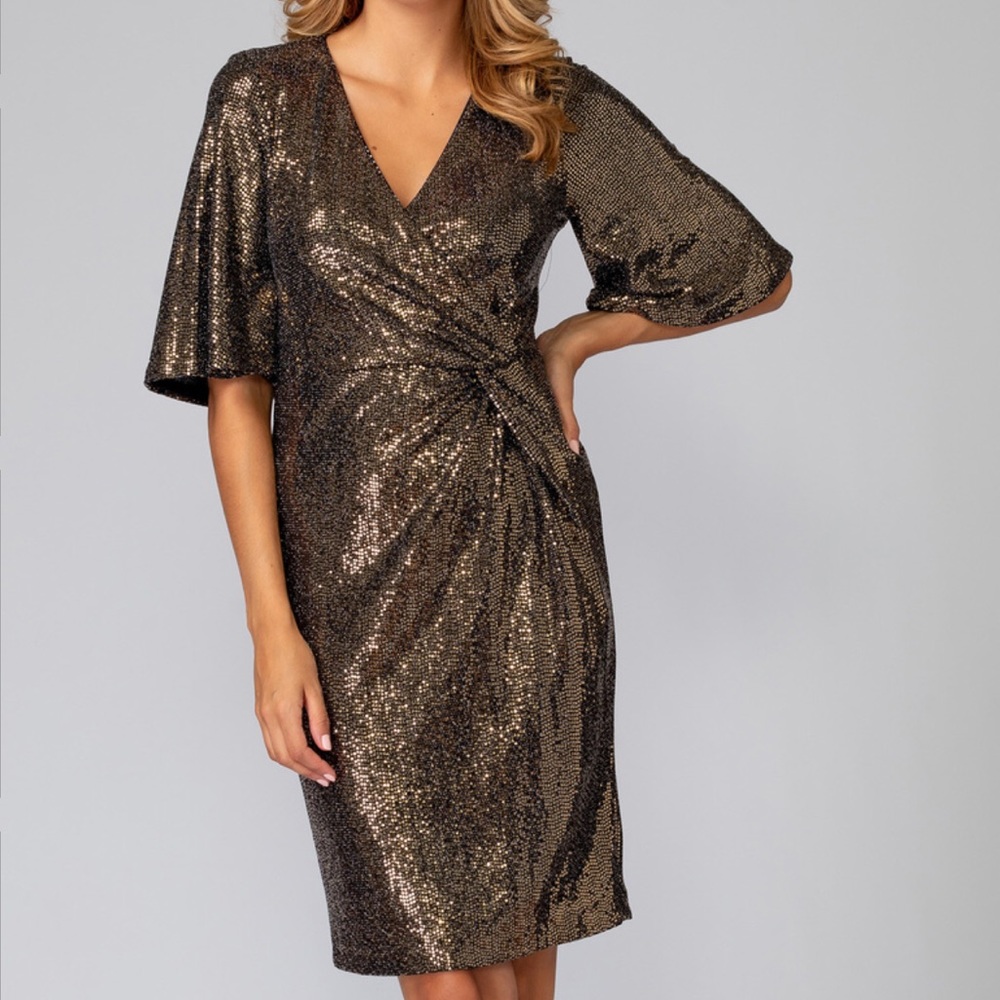 NWT Joseph Ribkoff Black/Gold Sequined Wrap Dress
